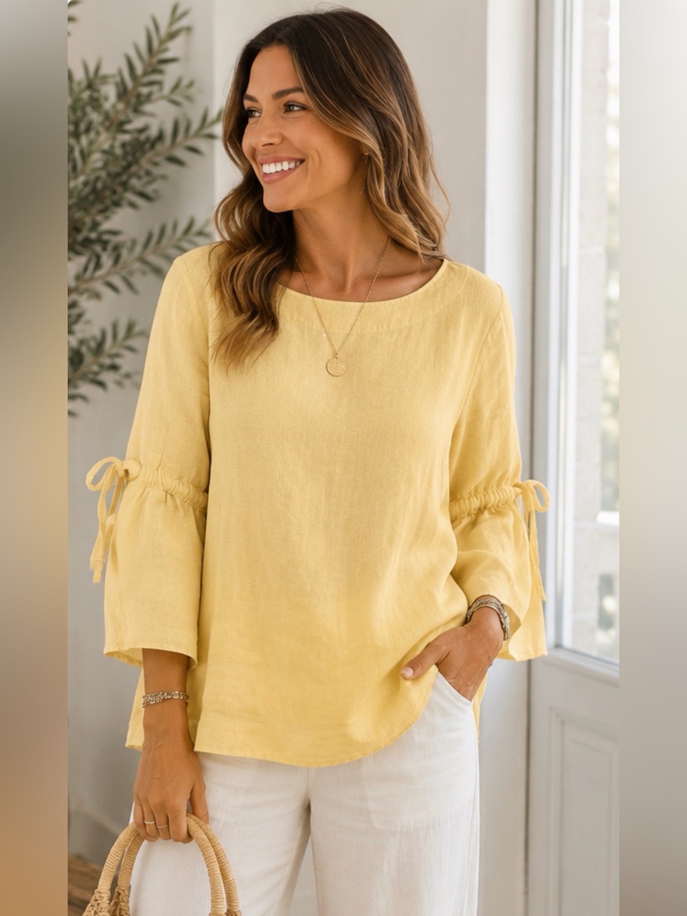 Charter Club 100% Linen Yellow Tie Sleeve Blouse L